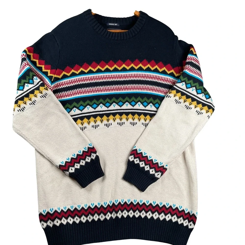 American Eagle Sweater Mens XL Navy Cream Fair Isle Geometric Seriously Soft